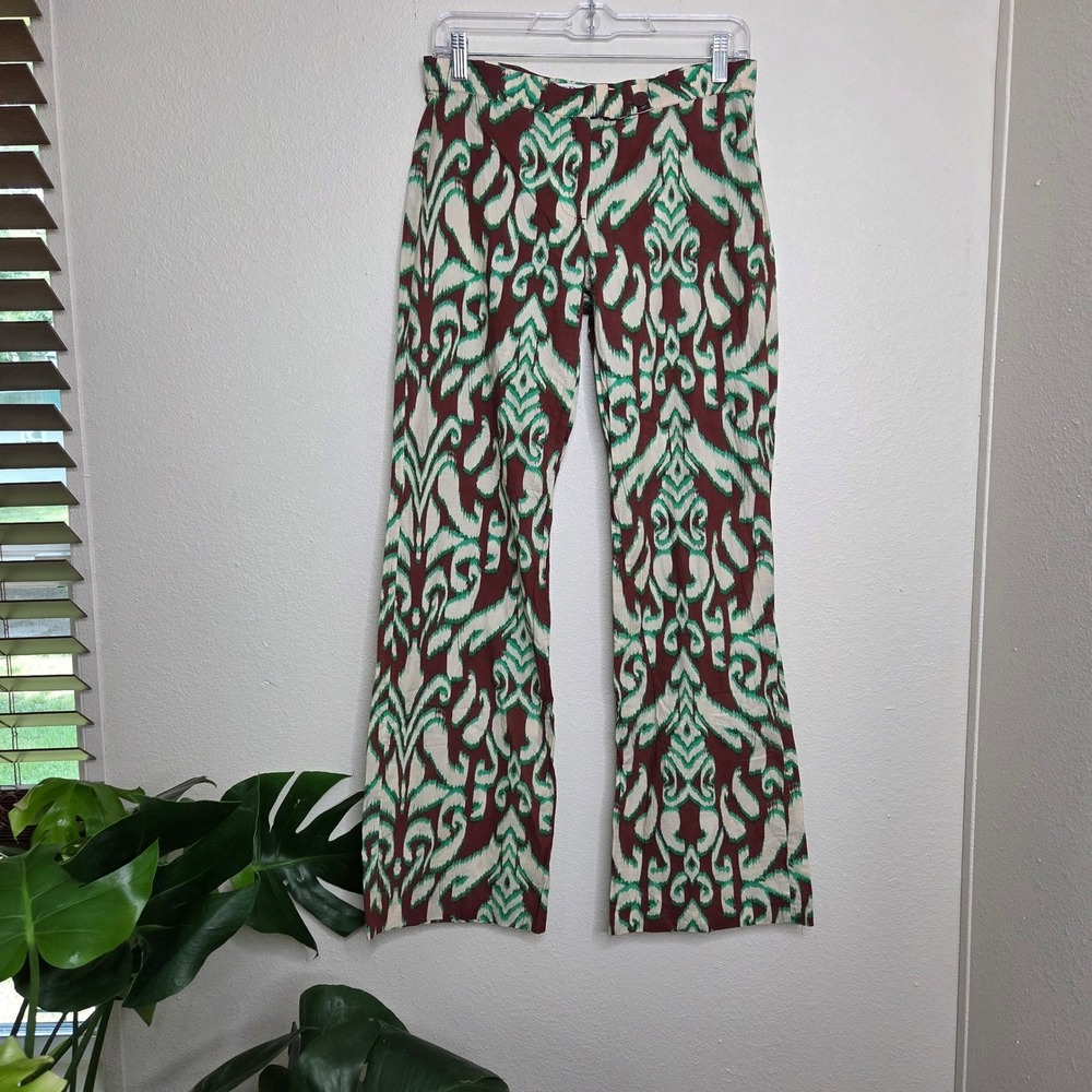 Zara Small Ikat Print Wide Leg Cotton Blend Pants Trousers Lightweight